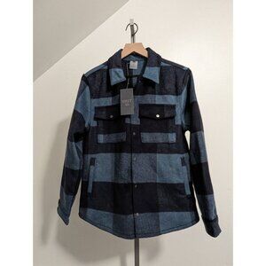 Mens Wool Blend Shirt Jacket Small Buffalo Plaid Thick Navy Long Sleeve VRST